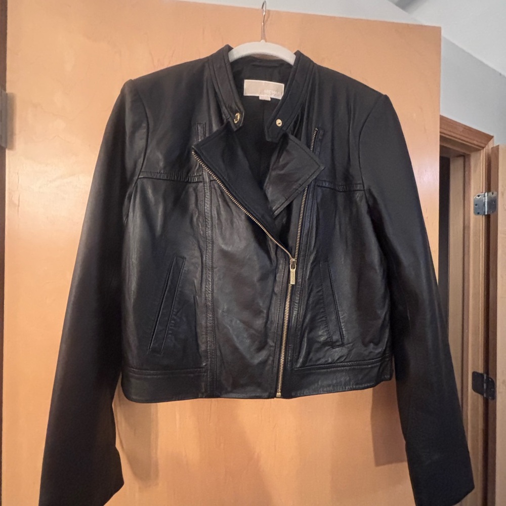 Michael Kors Black Leather Jacket with Gold Accents